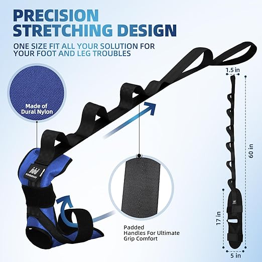 Foot and Calf Stretcher Stretching Strap For Plantar Fasciitis, Heel Spurs, Foot Drop, Achilles Tendonitis & Hamstring. Yoga & Leg Stretch Strap. (Blue)