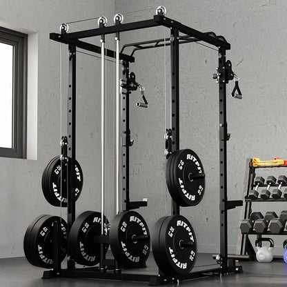 RitFit Multi-Function Garage & Home Gym Package Includes 1200LBS Power Cage PPC03/P3 with Cable Crossover System, Weight Bench, Olympic Barbell Weight Set, Full Body Workout