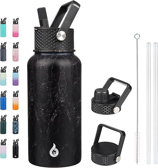 BJPKPK Insulated Water Bottles with Straw Lid, 27oz Stainless Steel Water Bottle with 3 Lids, Leak Proof BPA Free Metal Thermo, Mugs, Tumblers, Keep Cold Hot -Midnight