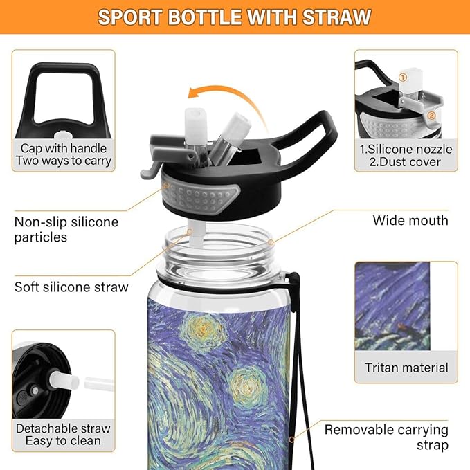 ALAZA Starry Night Sports Water Bottle with Straw Tritan Drink Bottle 32 oz BPA Free Reusable for Travel Outdoor Fitness