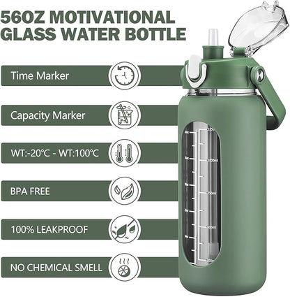 kytffu 56oz Glass Water Bottles with Straw, Motivational Glass Bottle with Silicone Sleeve and Time Marker, Leakproof Large Glass Water Jug for Gym Home Office,Olive