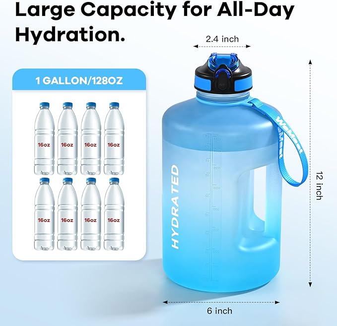 128oz Large Water Bottle with Straw and Time Marker, BPA FREE, 1 Gallon Reusable Motivational Water Bottle, for Gym, Travel, Camping, Hiking (Blue Blue)