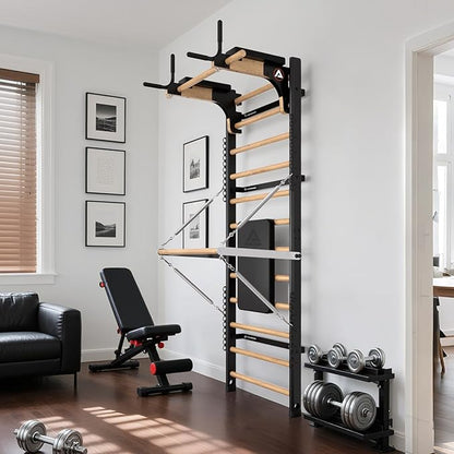 Swedish Ladder Pro, Wood Stall Bar with Push-Through Bar, Adjustable Pull-Up Dip Bar for Adults and Kids, Accessories Bundle, Spring, for Home, School, Physical Therapy and Gymnastics