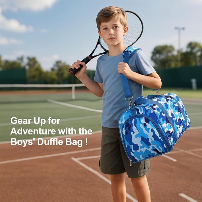 Bagseri Boys Duffle Bag for Travel - Kids Gym & Sports Bag with Shoe Compartment & Water Resistant Wet Pocket, Weekender for Camping & Sleepover (Blue Camo)