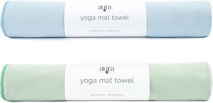 S&T INC. Yoga Mat Towel, Quick Dry Towel, Soft and Absorbent for Gym, Pilates, and Hot Yoga Mat, 2 Pack, 26.5 inches x 72 inches, Microfiber, Blue & Sage Green