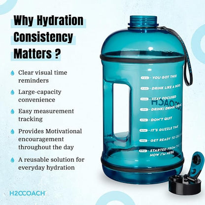 H2OCOACH 1 Gallon Hydration Jug with Time Marker & Measurements, BPA-Free Tritan Sports Drink Container, Motivational Daily Intake Tracker for Gym, Workout, & Fitness Routines (128 oz, Blue)