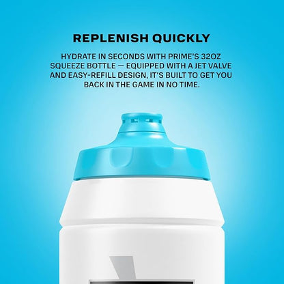 PRIME 32 oz Blue Chill Squeeze Sports Water Bottle, BPA Free, Dishwasher Safe, Easy-Grip Ergonomic Leakproof Design, Fast Hydration for Gym, Cycling, Running