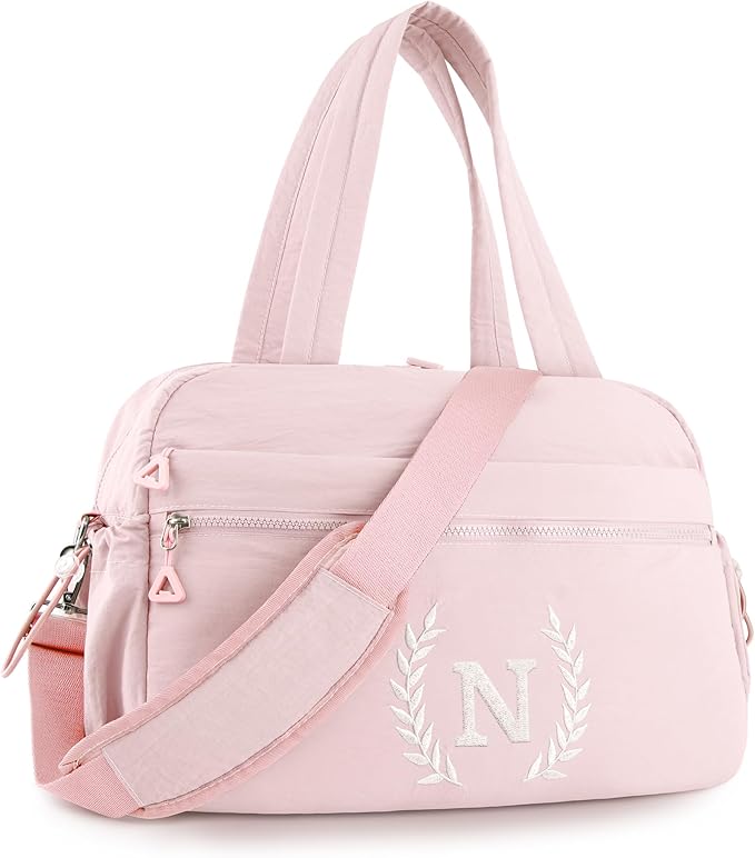 Gift for Women, Kid & Friend, Initial Girls Duffle Bag, Monogrammed Personalized Overnight Weekender, Birthday Gifts for Teen, Mom, Daughter, Grandmother, Dad (Pink, N)
