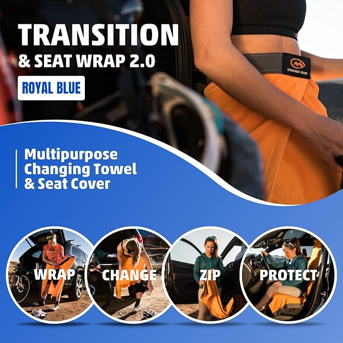 Orange Mud Transition & Seat Wrap V2.0 – Royal Blue Waterproof Car Seat Cover, Changing Kilt & Quick-Dry Towel – Secure Fit for Athletes, Runners, Cyclists, Triathletes