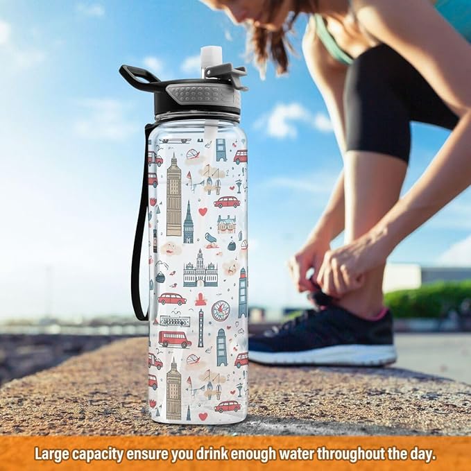 ALAZA Cartoon Big Ben London Cityscape Sports Water Bottle with Straw Tritan Drink Bottle 32 oz BPA Free Reusable for Travel Outdoor Fitness