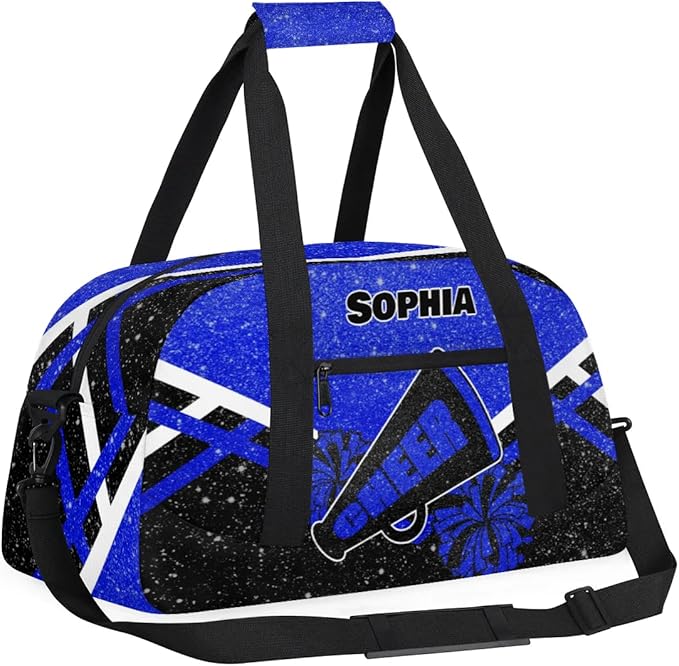 Personalized Cheer Duffle Bag - Customized Travel Overnight Weekender Bag for Cheerleaders - Royal Blue with Glitters Effect