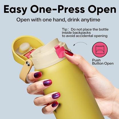 Insulated Water Bottle with Straw - Encool Stainless Steel Water Bottle with Push Button Lid, Leak-Proof & BPA-Free, Keeps Cold for 24 Hours for Sports, Travel, Gym (32 oz, Ginger)