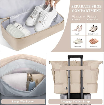 ETRONIK Gym Bag for Women, 45L Carry On Travel Duffel Bag with Shoes Compartment, Weekender Overnight Bag with Wet Pocket & USB Charging Port for Women, Travel, Gym, Weekend, Large Size (Beige)