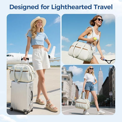 Gym Bag for Women, Puffer Travel Duffle Bag With Shoes Compartment & Wet Pocket, Carry On Tote Bag For Weekender, Overnight, Sport duffel bags for traveling (shallow cream-colored, Medium)