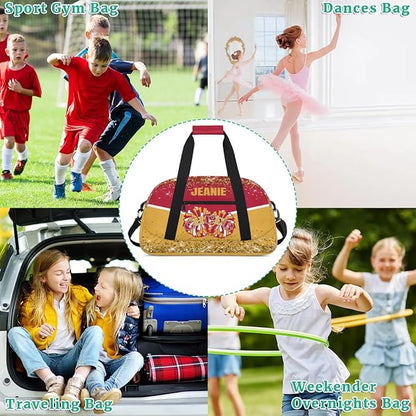 Personalized Cheer Gym Bags for Girls Kids Cheerleaders with Custom Name Sport Dance Perform Training Duffel Bags for Overnight Weekender Travel Red Yellow