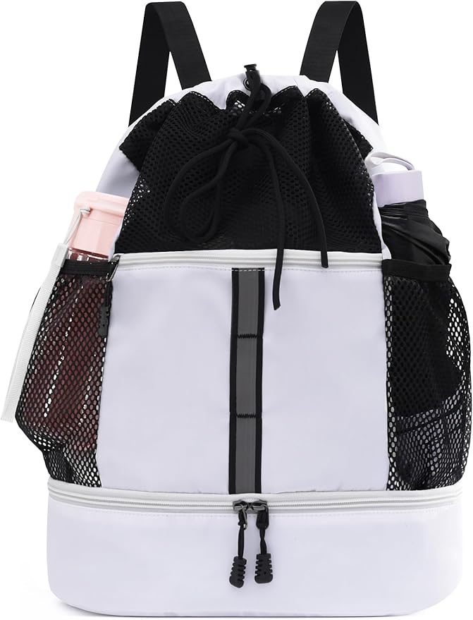 U.helper Waterproof Gym Drawstring Backpack, Sports Sack with Shoes Compartment & Wet Pockets for Ball/Beach/Swim Training