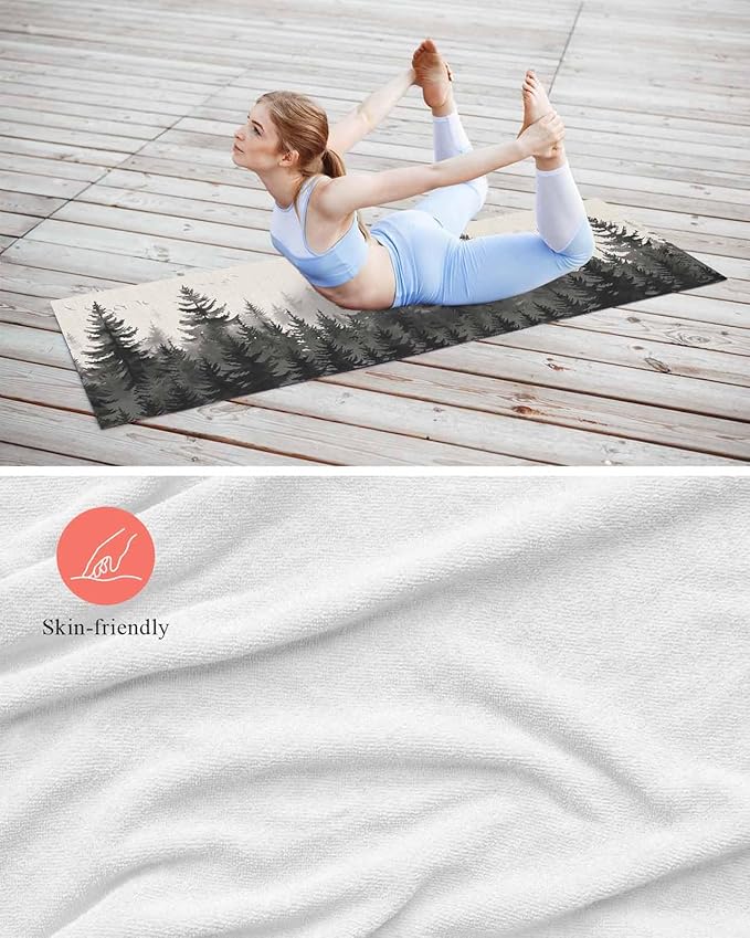 Forest Birds Yoga Mat Towel with Corner Pockets for Hot Yoga Non Slip,Absorbent Yoga Blankets Soft Gym Sweat Working Out Fitness Pilates Towels 70"x26" Vintage Pine Tree Animal Landscape Beige