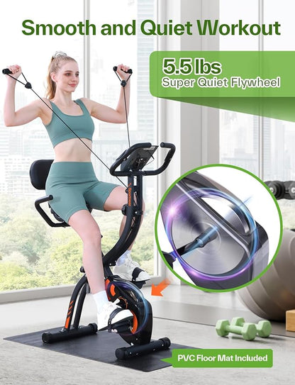 Sportneer Foldable Exercise Bike Stationary Bike, 4 in 1 Indoor Cycling Bike with 16 Level Magnetic Resistance Training Bike with Arm Resistance Band PVC Floor Mat Fitness Bike for Home Gym Workout