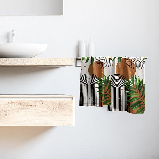Boho Leaves Hand Towels Mid Century Kitchen Towels 2 Pack Bohemian Fingertip Towel Vintage Leaf Decorative Ultra Absorbent Microfiber Fingertip Towel for Kitchen Bathroom Face Towel