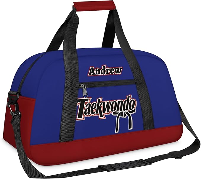 Custom Name Taekwondo Karate Duffle Bag for kids Boy Girls - Personalized Martial Arts Gear Bag, Water-Resistant Sparring Equipment Bag, Taekwondo Navy Red