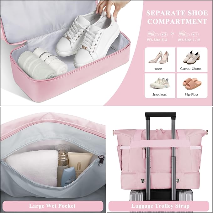 ETRONIK Gym Bag for Women, Personal Item Travel Bag with Shoes Compartment, Weekender Overnight Duffel Bag with Wet Pocket & USB Charging Port, Carry On Bag for Women, Travel, Gym, Weekend