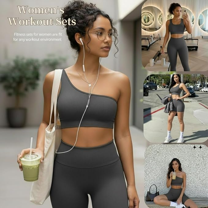 4 Pcs Women's Workout Sets Pilates Exercise Outfit Ribbed Scoop Neck Sports Bra Shorts Leggings Gym Clothes Set