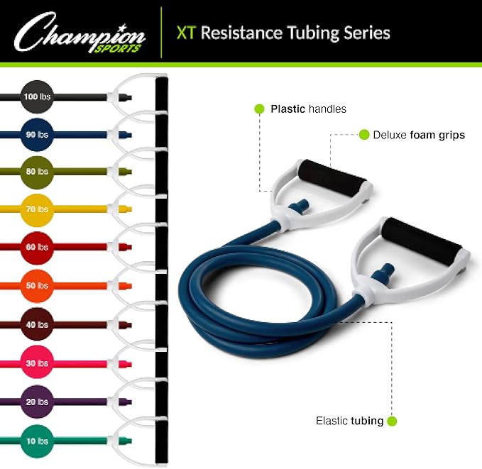 Champion Sports Resistance Tube Bands for Men and Women, Durable Stretch Fitness Band for Strength Training, Stretching, Rehabilitation- Premium Home Workout Equipment- 100 Lbs Resistance Tubing-Black