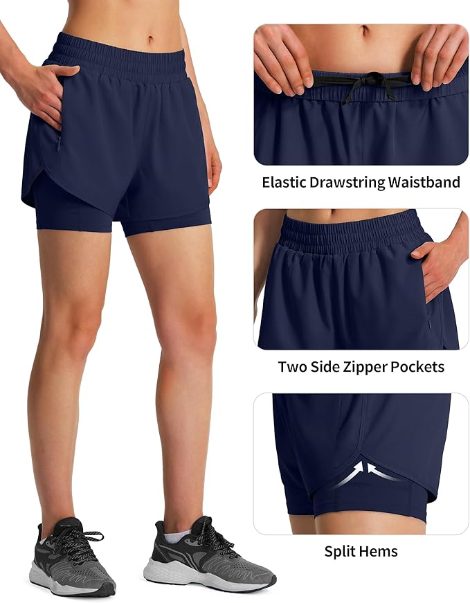 Ksmien Women's 2 in 1 Running Shorts Quick Dry Athletic Gym Workout Shorts with Liner Phone Pockets