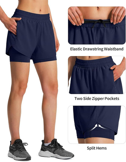 Ksmien Women's 2 in 1 Running Shorts Quick Dry Athletic Gym Workout Shorts with Liner Phone Pockets