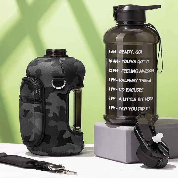 Fimibuke Half Gallon Water Bottle with Sleeve 64 OZ Water Bottle with Handle & Straw Leakproof Motivational Sports Gym Water Bottle with Time Marker BPA Free Water Jug with Reusable Neoprene Holder