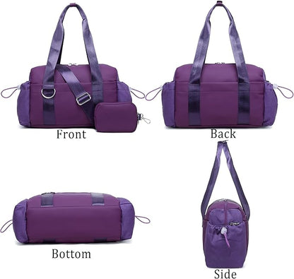 Everyday Mini Gym Bag for Women 2.0, Small Tote with Zipper Compartment Waterproof Travel Duffle Cute Handbag Workout Carry On with Removeable Shoulder Strap & Coin Wallet Easy to Clean - Grape