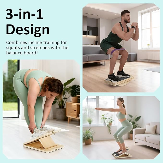 MPortable Wooden Slant & Balance Board for Calf Stretch, Squats, Pilates & Therapy. Multi-angle adjustable, anti-slip, ergonomic design. 350LBS capacity for legs, knees & core training.