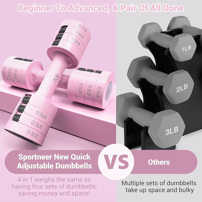 Sportneer Adjustable Dumbbells Hand Weights Set: 5 lb Dumbbell Set of 2 Each 2lb 3lb 4lb 5lb Free Weights Fast Adjust Weight 4 In 1 Weights Dumbbells Set for Women Men Home Gym Exercise Training