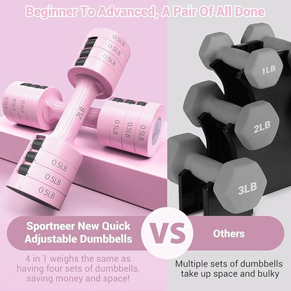 Sportneer Adjustable Dumbbells Hand Weights Set: 5 lb Dumbbell Set of 2 Each 2lb 3lb 4lb 5lb Free Weights Fast Adjust Weight 4 In 1 Weights Dumbbells Set for Women Men Home Gym Exercise Training