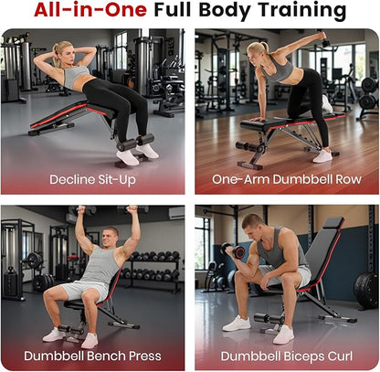 ALSO GO Adjustable Weight Bench, Workout Benches with Leg Extension & Extended Headrest, Foldable Incline Decline Bench Press, Roman Chair, Full Body Strength Training Equipment for Home Gym