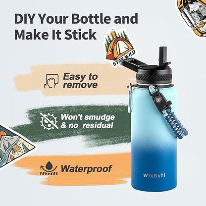 32 oz Insulated Water Bottle with Straw, Stainless Steel Triple Wall Vacuum Sports Water Jug, Leakproof Hydro Cup Flask with Paracord Handle & Straw Spout Lids & DIY Stickers