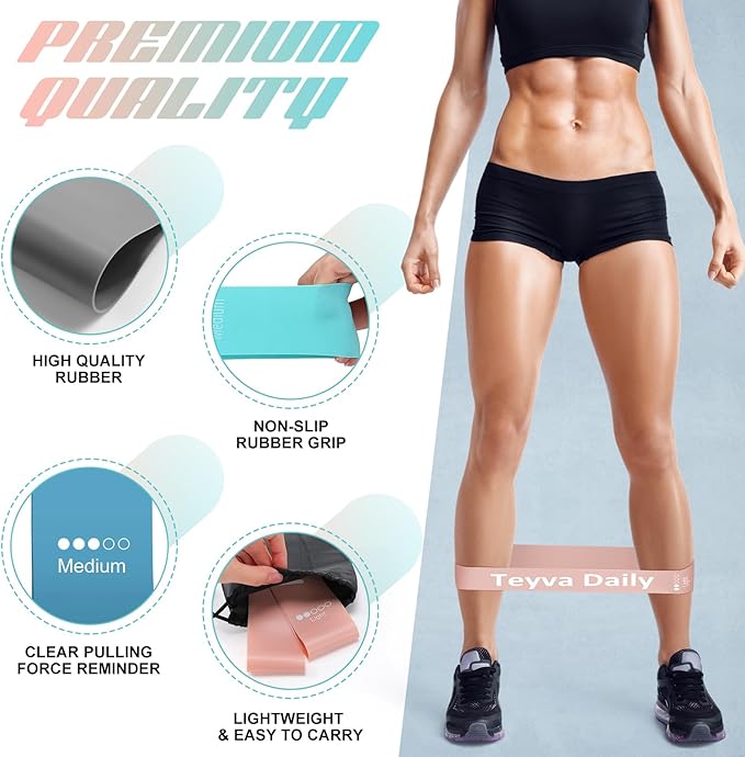 50 Pcs Resistance Loop Exercise Bands for Booty Workout Stretch Exercise Bands 5 Level Each Set with Storage Bag Non Slip for Legs Squat Resistance Loop Women Men Fitness