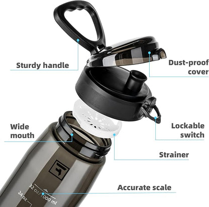 Fanhaw 32 oz Tritan Water Bottle with Chug Lid - Clear, BPA-Free, Lightweight, Wide Mouth, Leak-Proof, Perfect for Gym, Travel, School, Office, and Sports (Black)