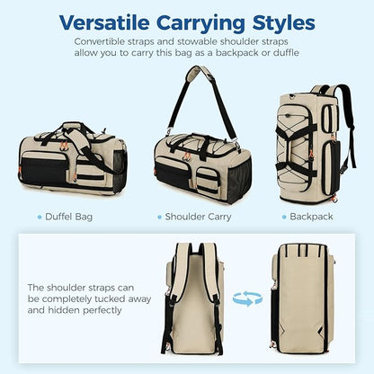 Searock 45L Gym Bag for Men, 3-In-1 Duffle Bag Backpack for Travel, Sports Duffel Bags for Gym Workout, Weekender Overnight Bag with Shoe Compartment, Wet Pocket, Khaki