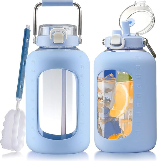 Large Glass Water Bottles with Stainless Steel Handle,100 oz Gallon Drinking Bottle with 2-in-1 Straw Lid,3 Liter Glass Water Jug with Silicone Sleeve,Wide Mouth,Light Blue