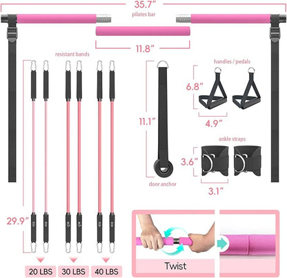 Pilates Bar Kit with Resistance Bands, Portable Pilates Bar for Home Gym Yoga & Full Body Workouts, Pilates Equipment for Women, Fitness Set for Strength Stretching Flexibility Training
