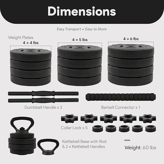 Fitvids Adjustable Dumbbell Set, 40/60LBS Free Weight Set, Multi-Functional Portable Changeable Dumbbell Barbell Kettlebell Set for Home, Multiple Style