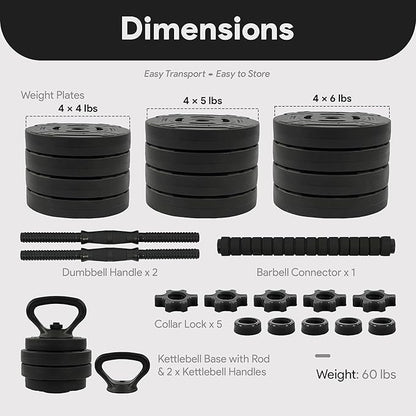 Fitvids Adjustable Dumbbell Set, 40/60LBS Free Weight Set, Multi-Functional Portable Changeable Dumbbell Barbell Kettlebell Set for Home, Multiple Style