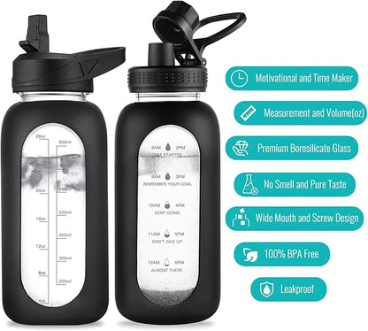 32 oz Glass Water Bottle with Straw and Handle, Sports Motivational Water Flask with Silicone Sleeve, Large Leakproof Water Flask Cup with Time Marker for Travel, Gym, Black