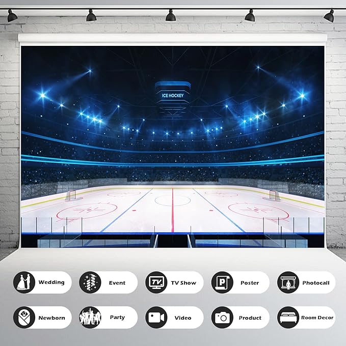 Ice Hockey Sports Backdrop Hockey Stadium Arena Ice Rink Photography Background Stage Lights Spotlight Match Games Backdrop Decors Iced Hockeied Stadium Backdrops Background Banner Props 12x8ft