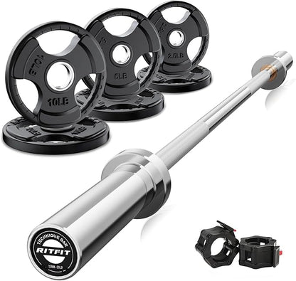 RitFit Barbell Weight Set - 4/6FT Olympic Barbell with Weight Plates (55-115LB Total) - Weightlifting Equipment for Squats, Curls, Deadlifts, Presses, Hip Thrusts