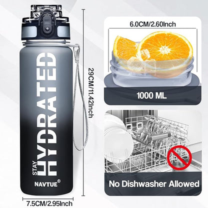 Water Bottle, 32oz Sports Water Bottles with Time Marker Wide Mouth, Motivational and Leakproof Drink Bottle, BPA Free Tritan with Carry Strap for Gym Fitness Outdoor (1 Bottle)