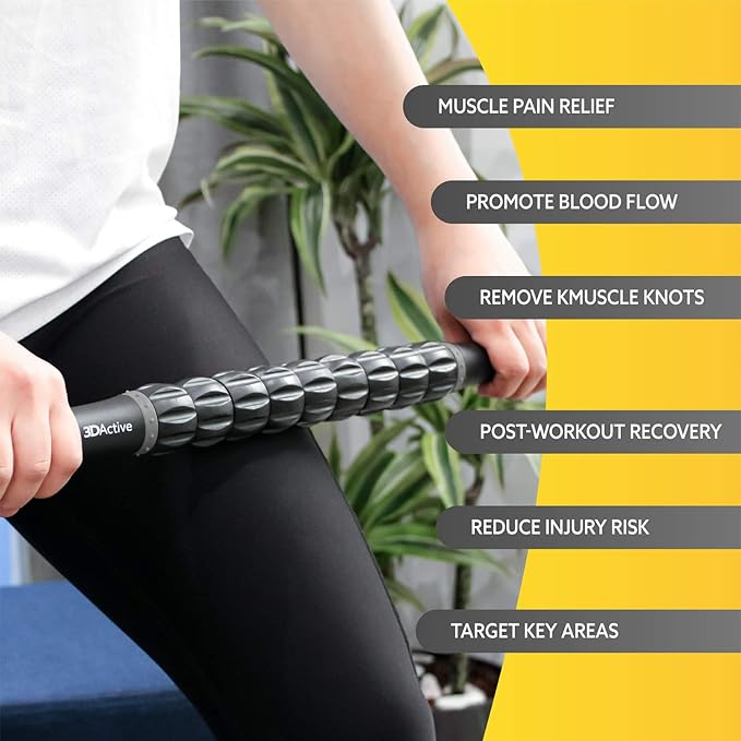 3DActive Massage Roller Stick for Muscle Recovery, Deep Tissue & Trigger Point Massage Muscleroller for Athletes for Post-Workout Recovery, Relieve Cramps & Release Muscle Tension - Gray