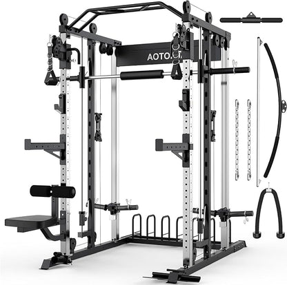 Smith Machine Strength Training Squat Rack with Smith Bar, Power Cage with LAT Pull-Down Systems, Cable Crossover Machine for Home Gym