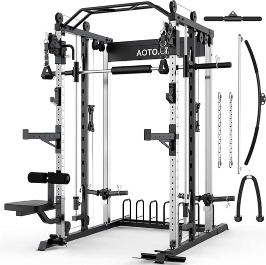 Smith Machine Strength Training Squat Rack with Smith Bar, Power Cage with LAT Pull-Down Systems, Cable Crossover Machine for Home Gym